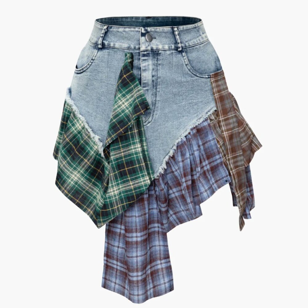 Asymmetric Patchwork Denim Mini Skirt